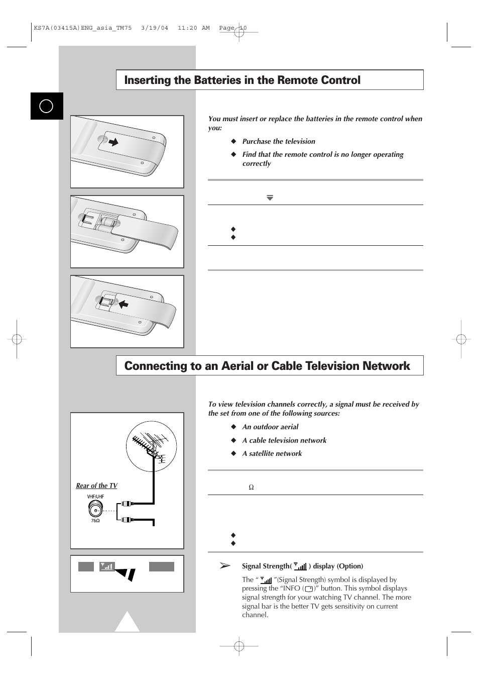 Inserting the batteries in the remote control | Samsung TXR2735X-XAA User Manual | Page 9 / 47