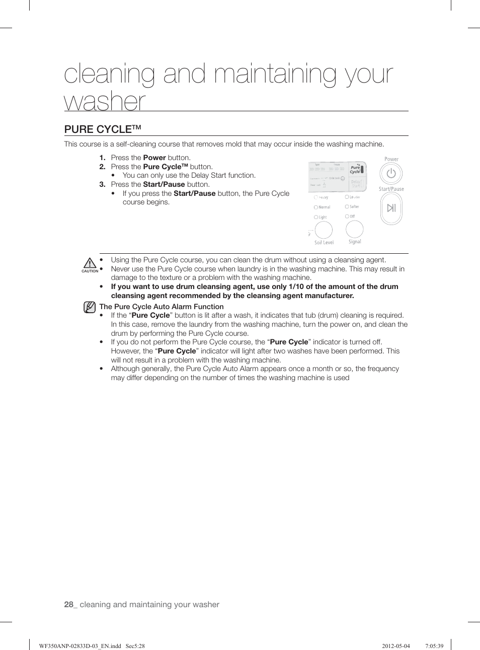Cleaning and maintaining your washer, Pure cycle | Samsung WF350ANR-XAA User Manual | Page 28 / 120