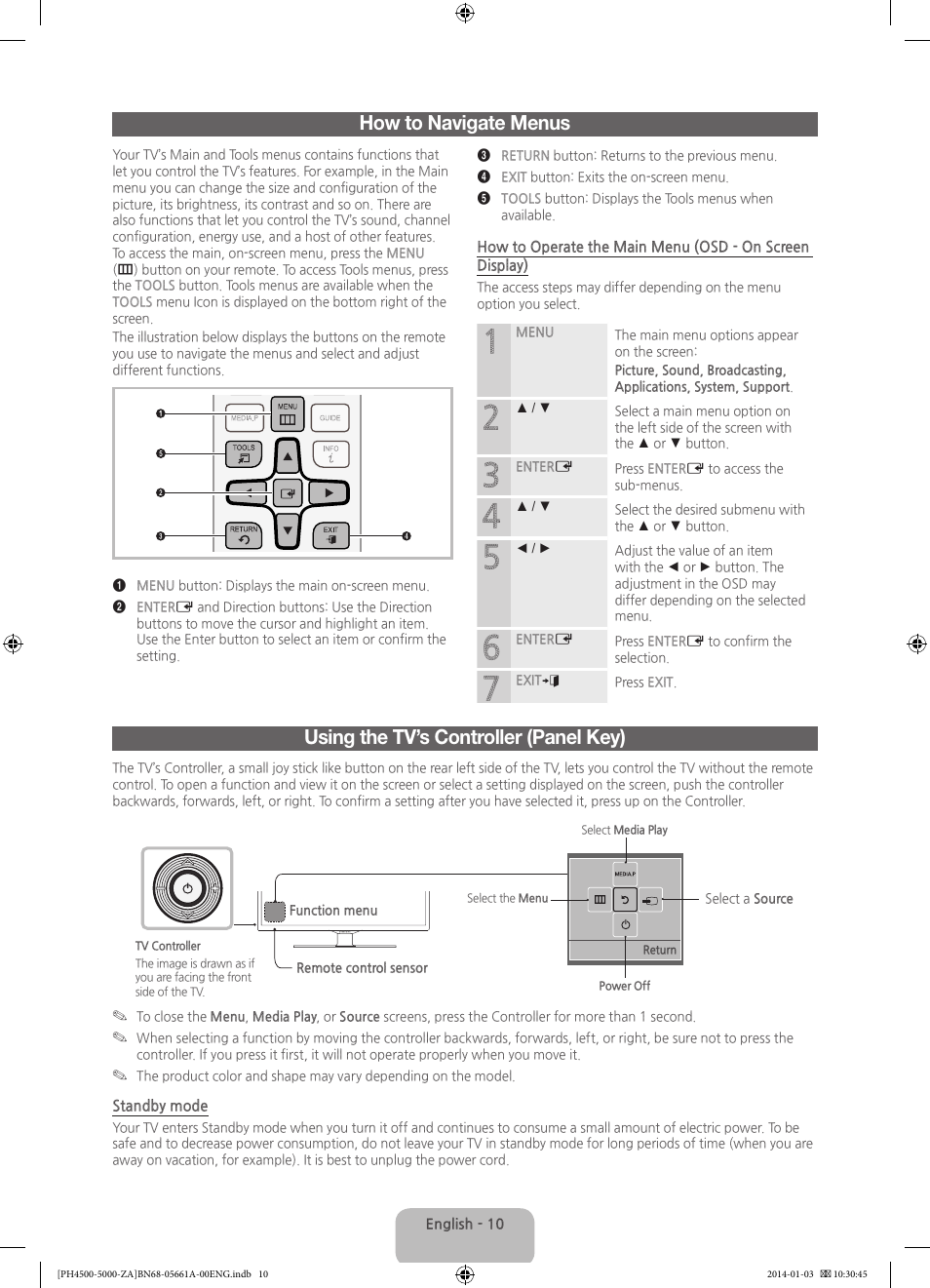 Using the tv’s controller (panel key), How to navigate menus | Samsung PN51F5300BFXZA User Manual | Page 10 / 24