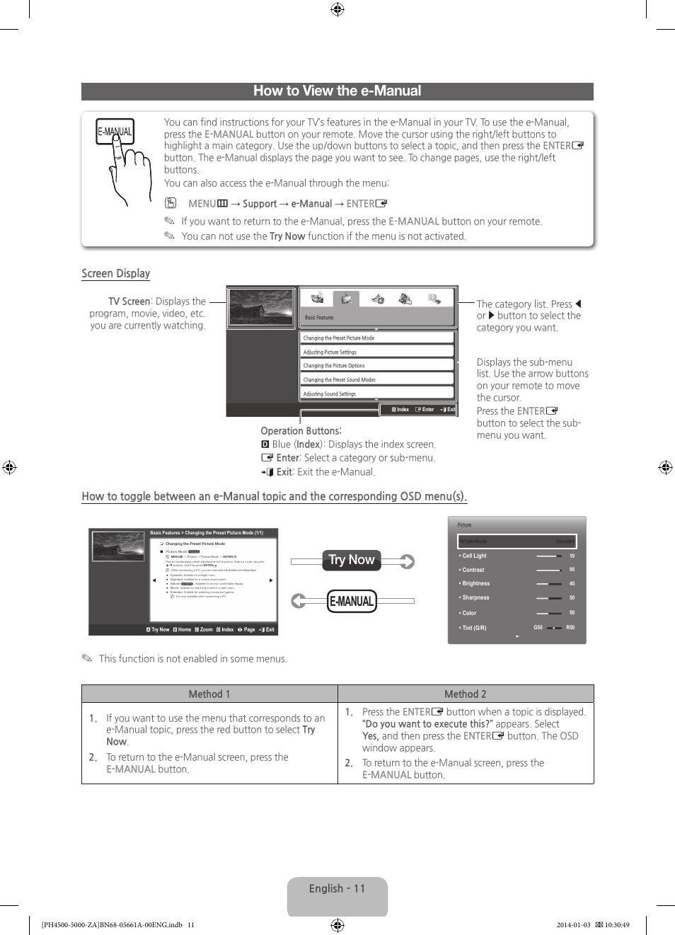 How to view the e-manual, E-manual try now, Screen display | English - 11, Menu m → support → e-manual → enter e | Samsung PN51F5300BFXZA User Manual | Page 11 / 24