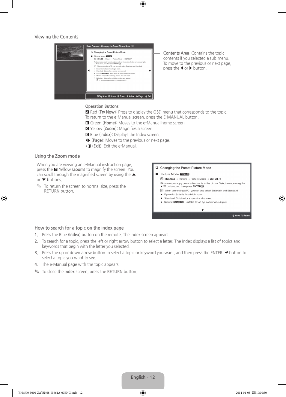 Viewing the contents, Using the zoom mode, How to search for a topic on the index page | English - 12 | Samsung PN51F5300BFXZA User Manual | Page 12 / 24