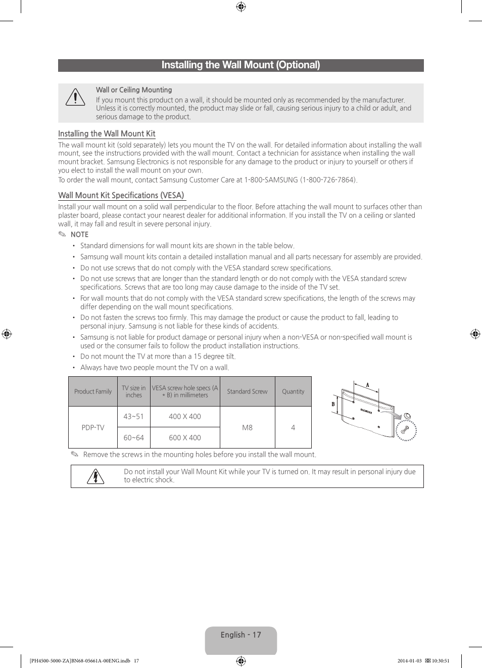 Installing the wall mount (optional) | Samsung PN51F5300BFXZA User Manual | Page 17 / 24