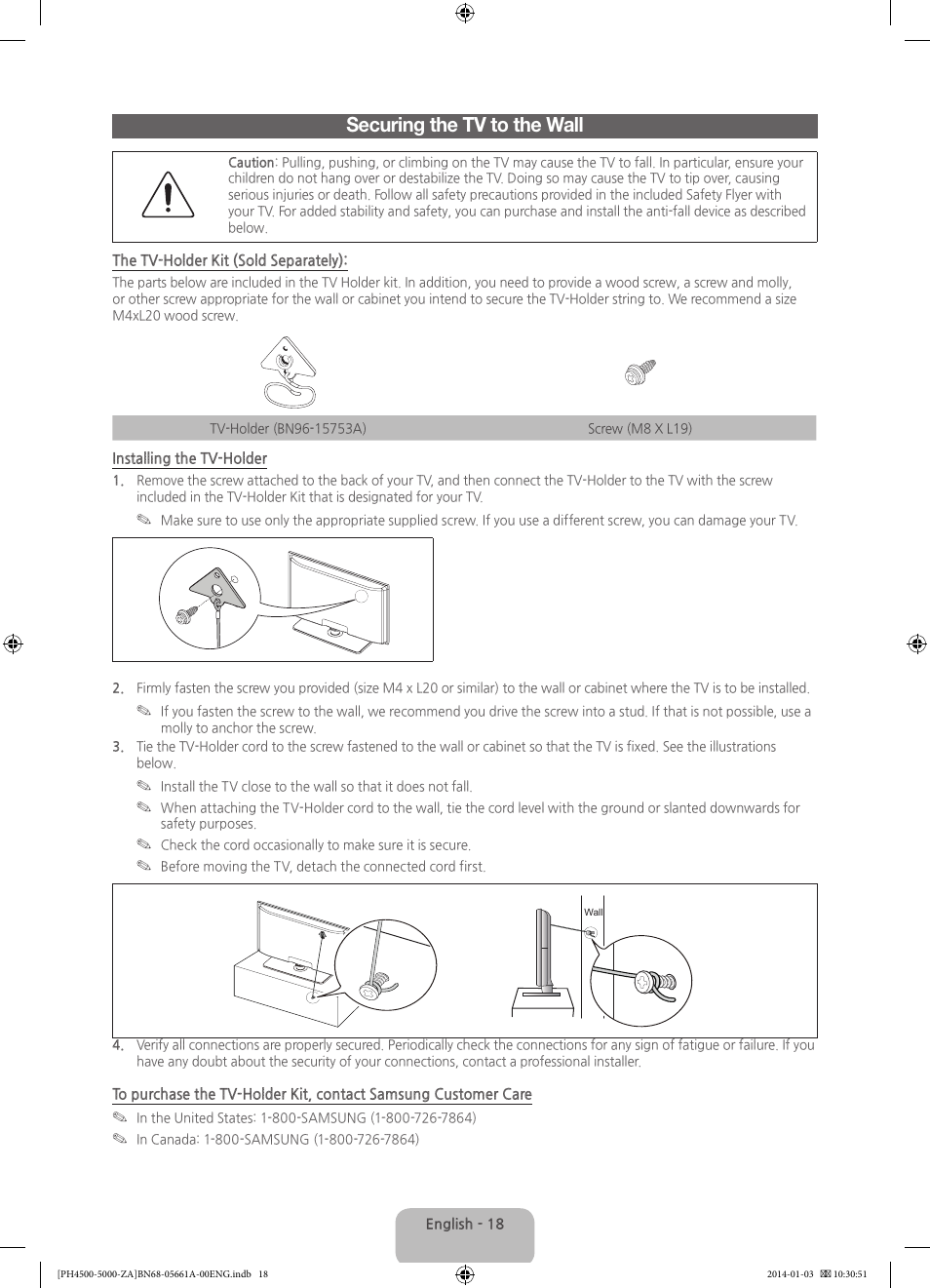 Securing the tv to the wall | Samsung PN51F5300BFXZA User Manual | Page 18 / 24