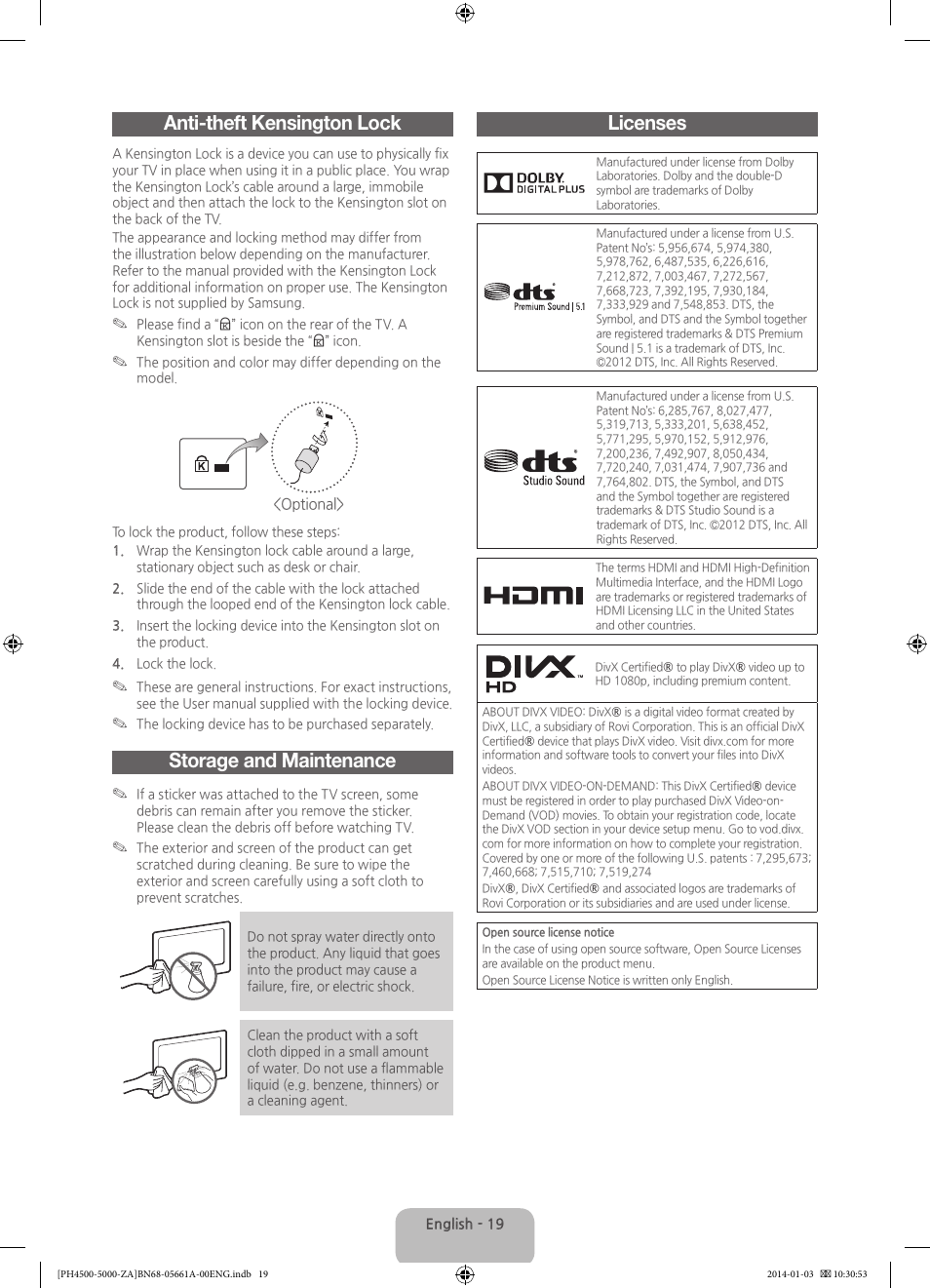 Anti-theft kensington lock, Storage and maintenance, Licenses | Samsung PN51F5300BFXZA User Manual | Page 19 / 24
