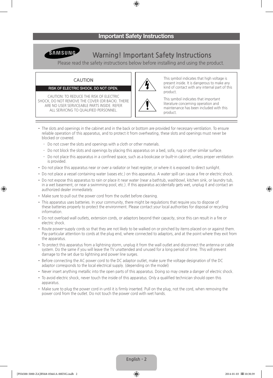 Warning! important safety instructions, Important safety instructions | Samsung PN51F5300BFXZA User Manual | Page 2 / 24