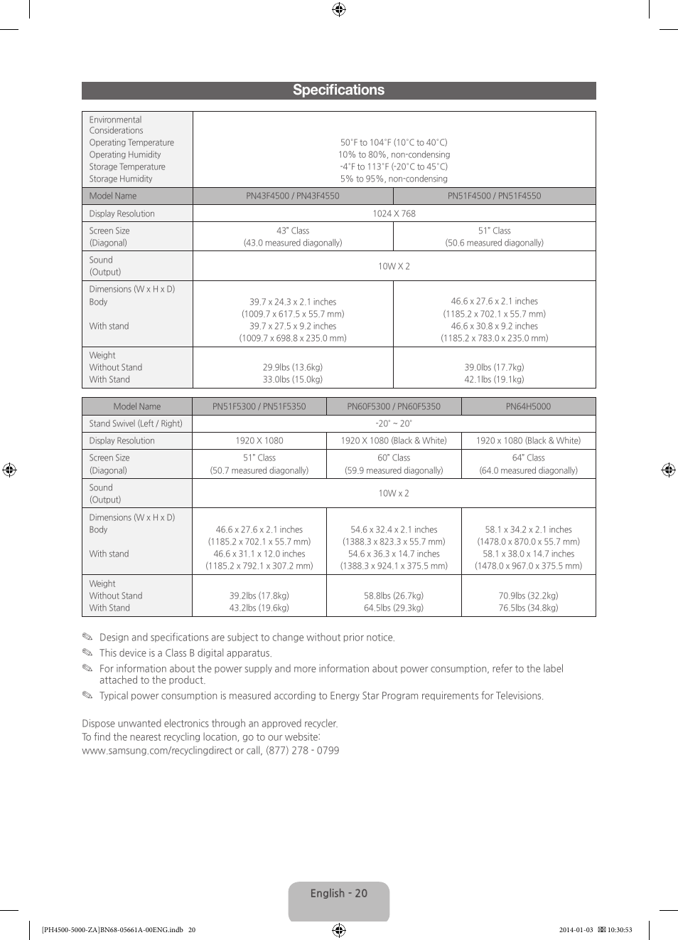 Specifications | Samsung PN51F5300BFXZA User Manual | Page 20 / 24