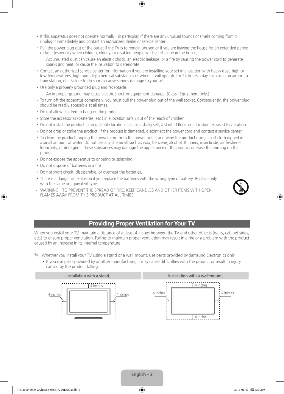 Providing proper ventilation for your tv | Samsung PN51F5300BFXZA User Manual | Page 3 / 24