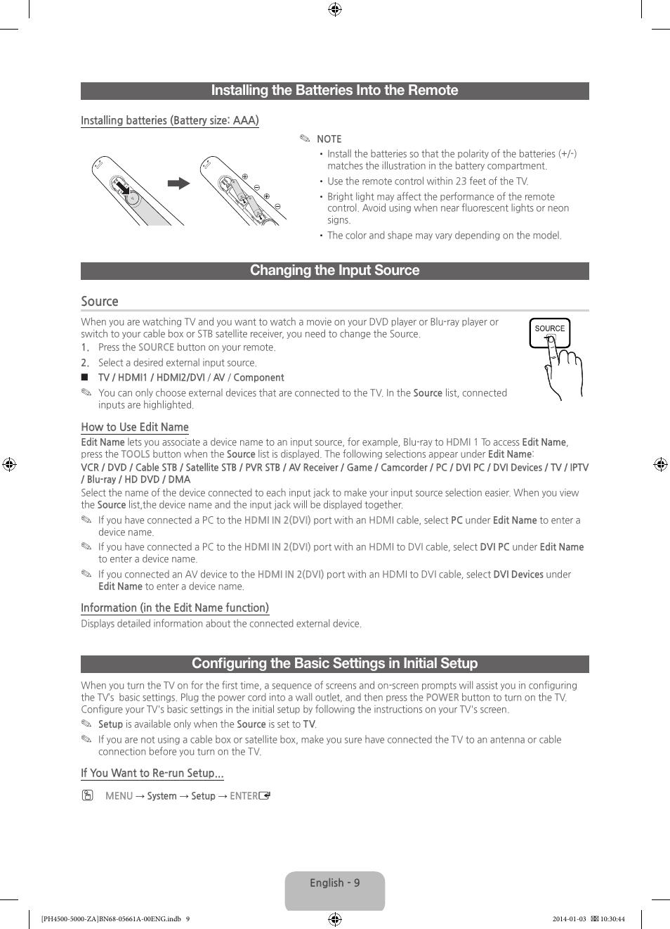 Installing the batteries into the remote, Changing the input source, Configuring the basic settings in initial setup | Source | Samsung PN51F5300BFXZA User Manual | Page 9 / 24