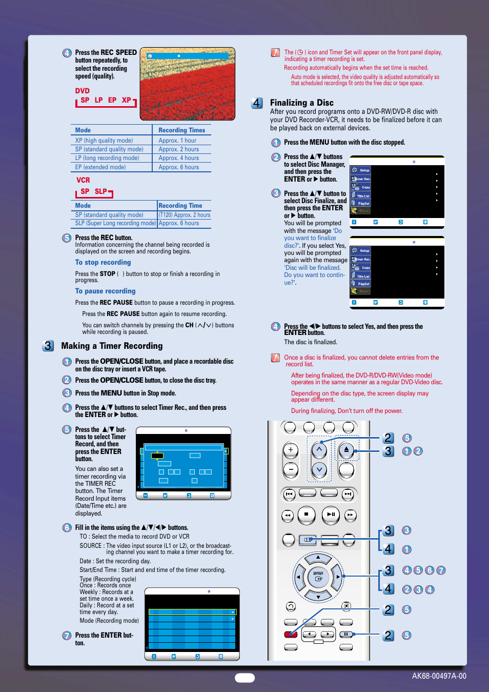 Making a timer recording, Finalizing a disc, Vcr ➜ sp ➜ slp | Press the rec button, Fill in the items using the …/†/œ/√ buttons, Press the enter but- ton | Samsung DVD-VR300-XAA User Manual | Page 6 / 6