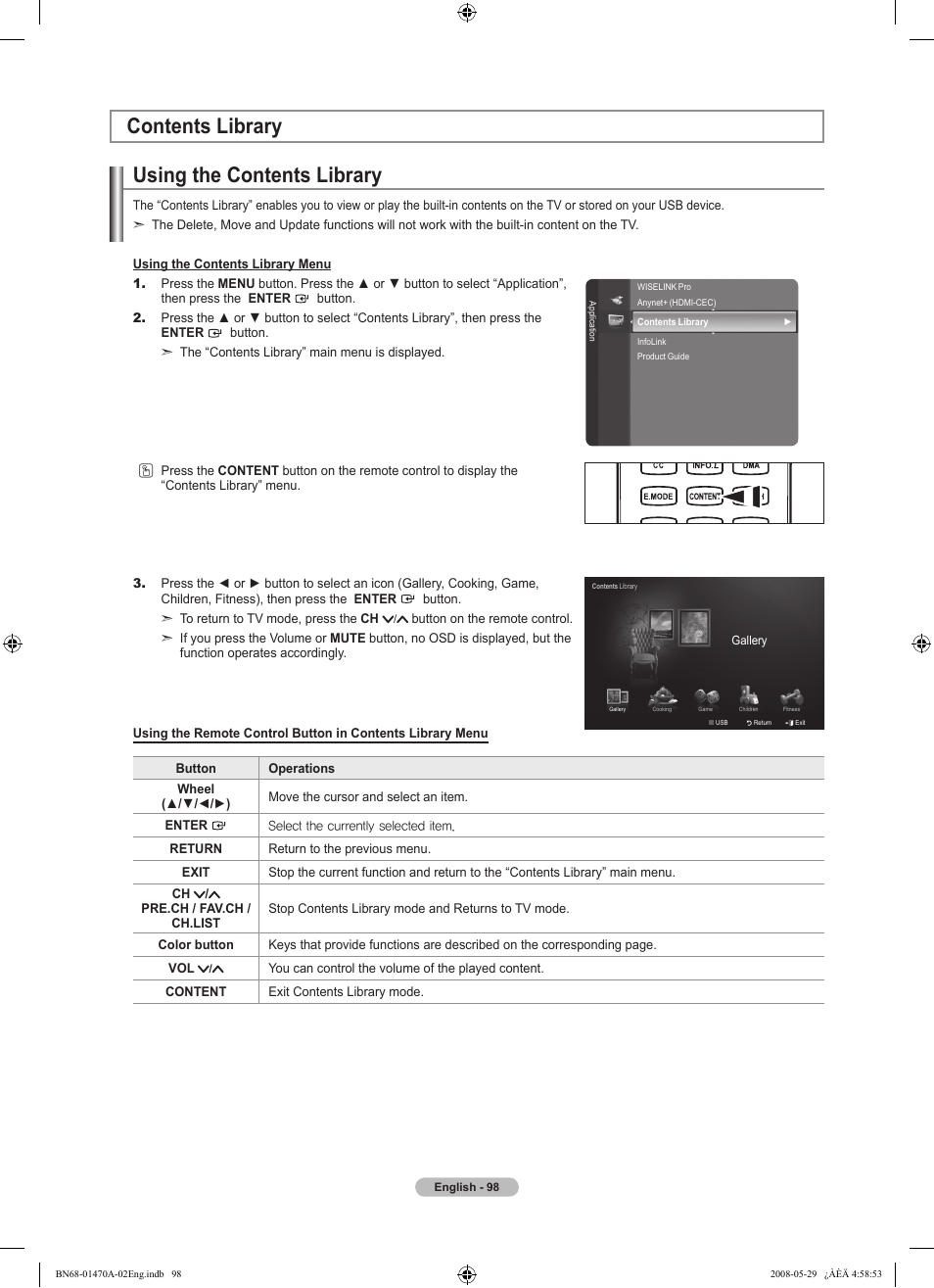 Contents library, Using the contents library | Samsung LN46A750R1FXZA User Manual | Page 100 / 273