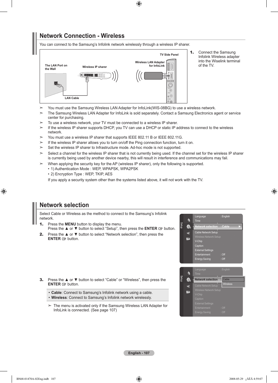 Network connection - wireless, Network selection | Samsung LN46A750R1FXZA User Manual | Page 109 / 273