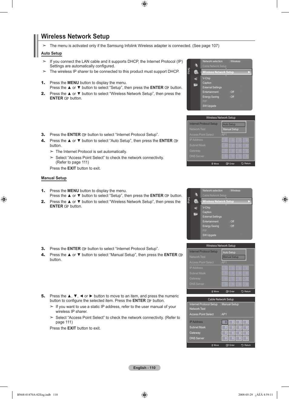Wireless network setup | Samsung LN46A750R1FXZA User Manual | Page 112 / 273