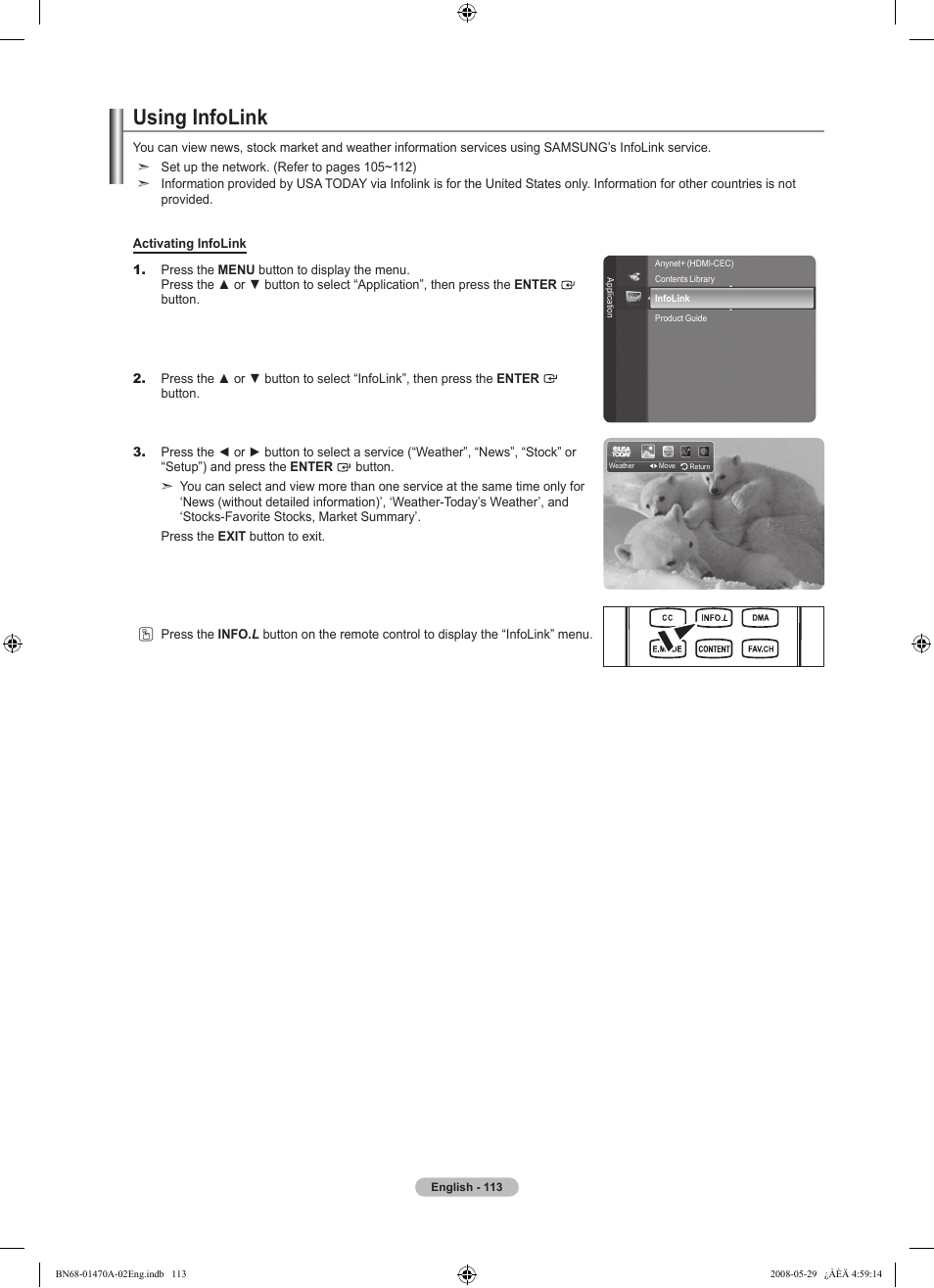 Using infolink | Samsung LN46A750R1FXZA User Manual | Page 115 / 273