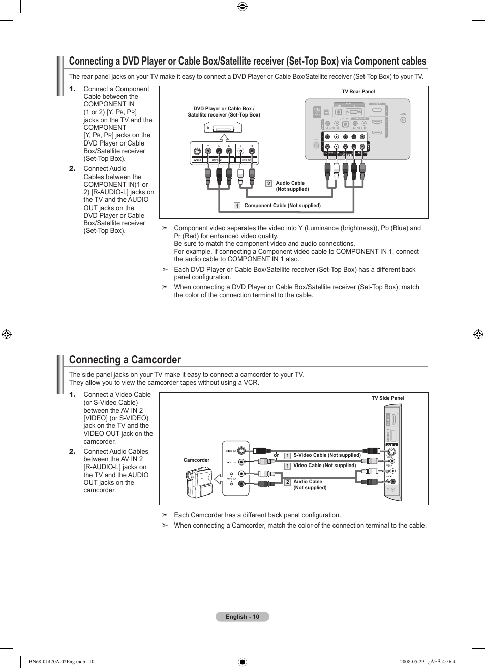 Connecting a camcorder | Samsung LN46A750R1FXZA User Manual | Page 12 / 273