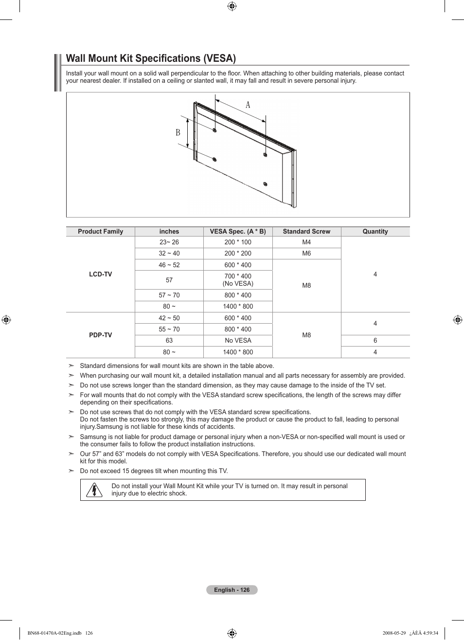 Wall mount kit specifications (vesa) | Samsung LN46A750R1FXZA User Manual | Page 128 / 273