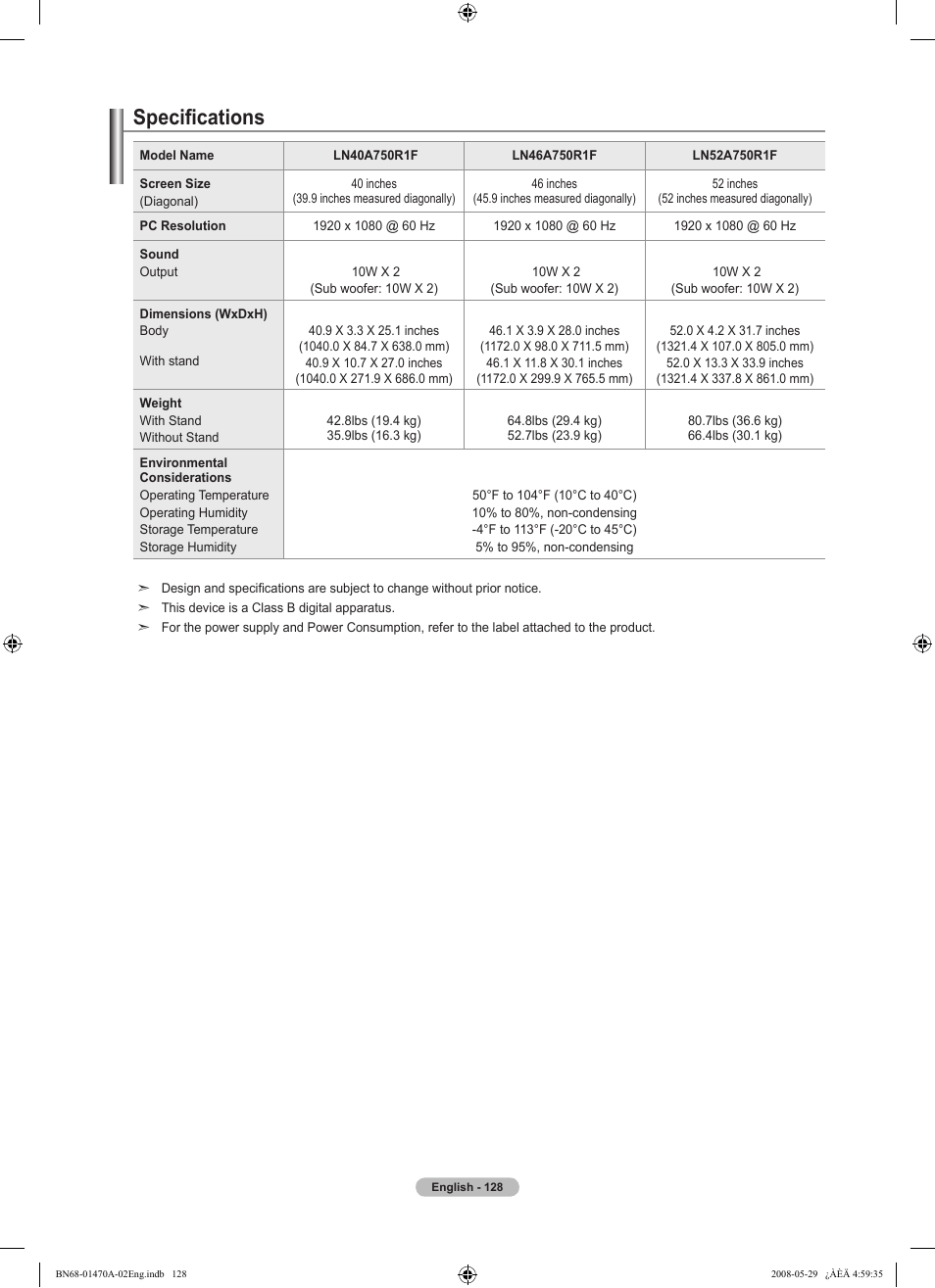 Specifications | Samsung LN46A750R1FXZA User Manual | Page 130 / 273