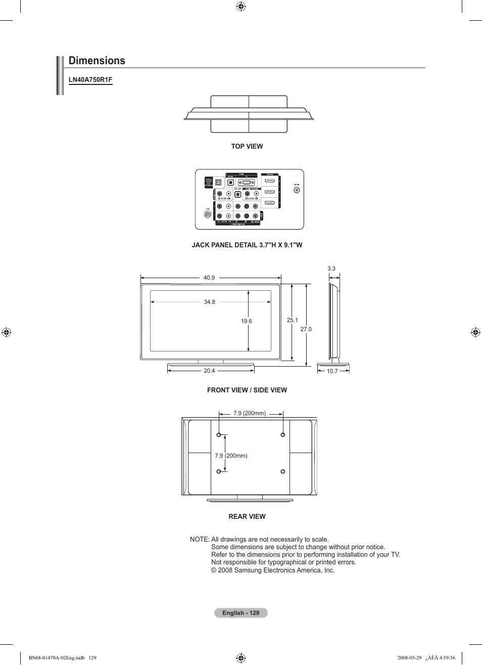 Dimensions | Samsung LN46A750R1FXZA User Manual | Page 131 / 273