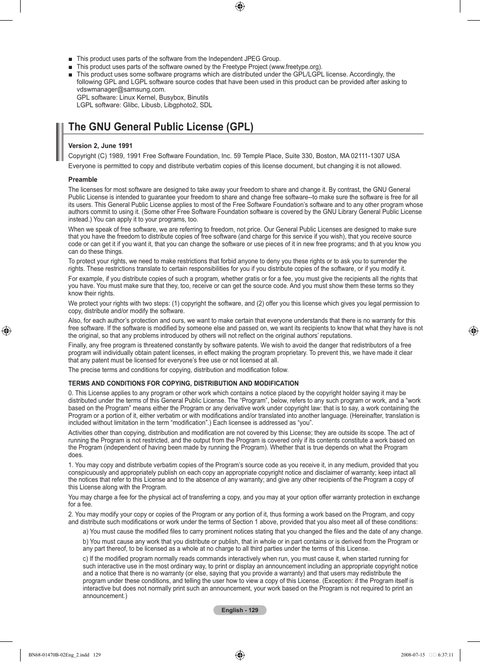 The gnu general public license (gpl) | Samsung LN46A750R1FXZA User Manual | Page 134 / 273