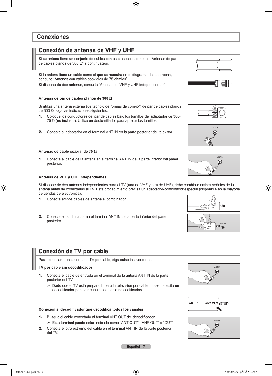 Conexión de antenas de vhf y uhf, Conexión de tv por cable, Conexiones | Samsung LN46A750R1FXZA User Manual | Page 149 / 273