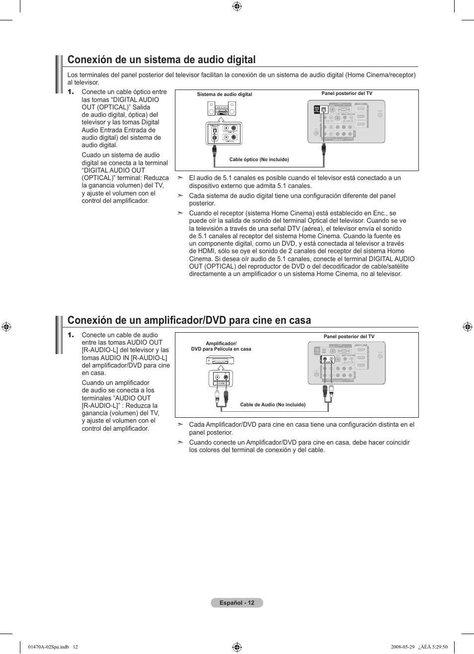 Conexión de un sistema de audio digital, Conexión de un amplificador/dvd para cine en casa | Samsung LN46A750R1FXZA User Manual | Page 154 / 273