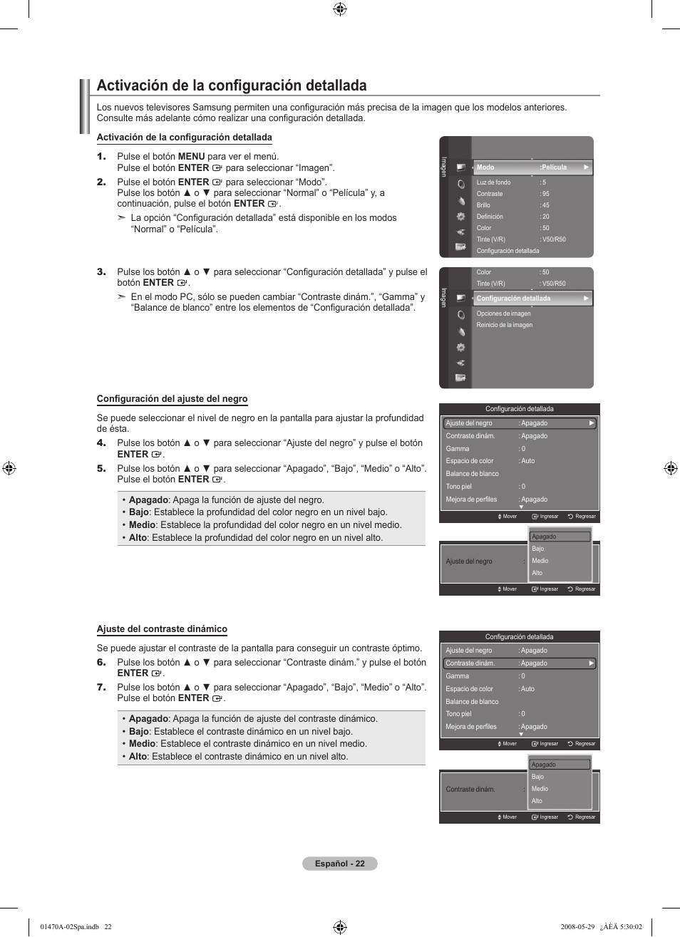 Activación de la configuración detallada | Samsung LN46A750R1FXZA User Manual | Page 164 / 273