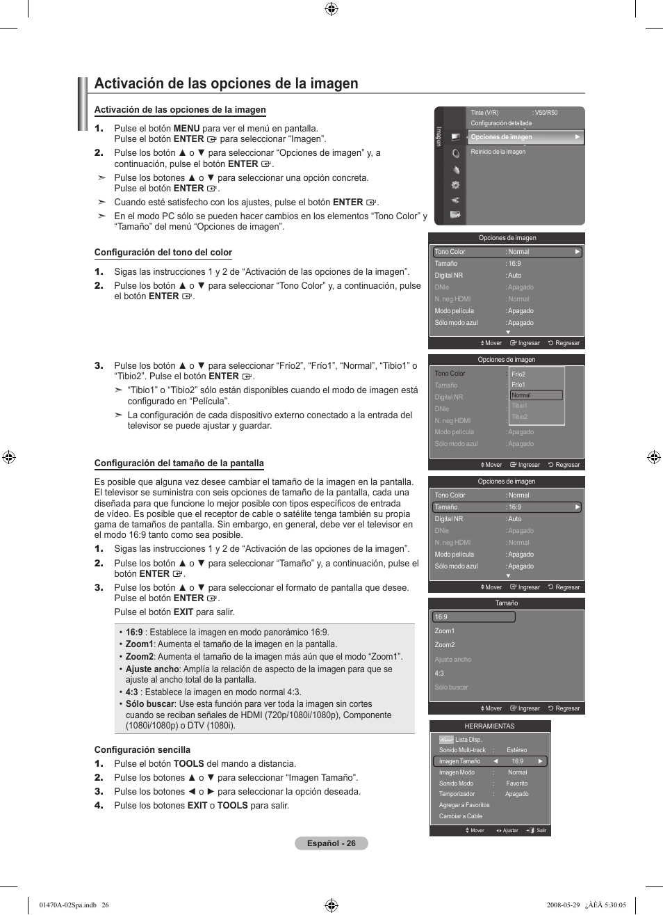Activación de las opciones de la imagen | Samsung LN46A750R1FXZA User Manual | Page 168 / 273