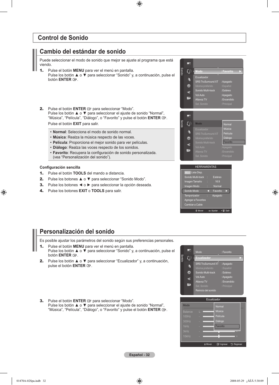 Control de sonido cambio del estándar de sonido, Personalización del sonido | Samsung LN46A750R1FXZA User Manual | Page 174 / 273