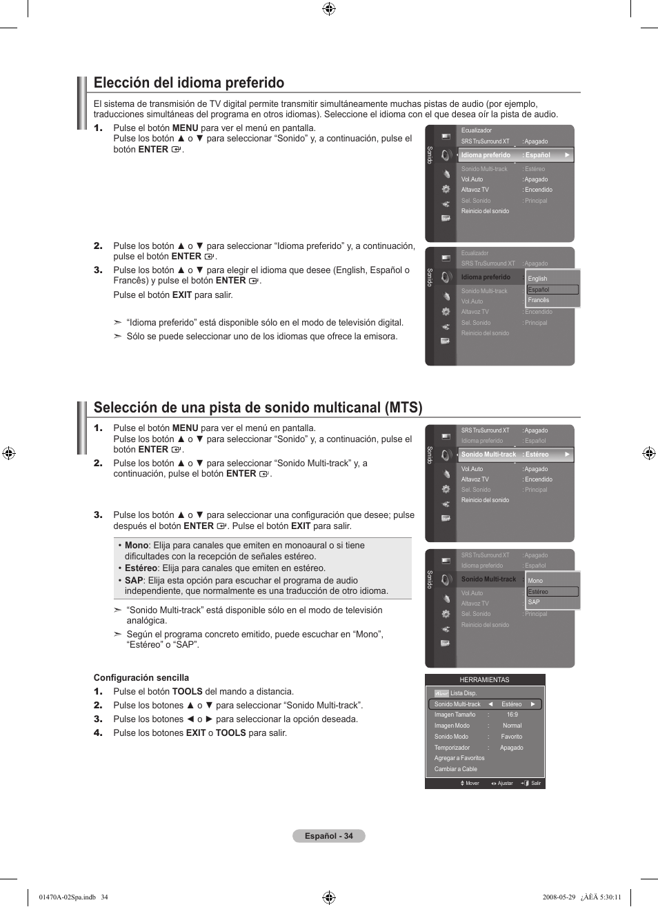 Elección del idioma preferido, Selección de una pista de sonido multicanal (mts) | Samsung LN46A750R1FXZA User Manual | Page 176 / 273