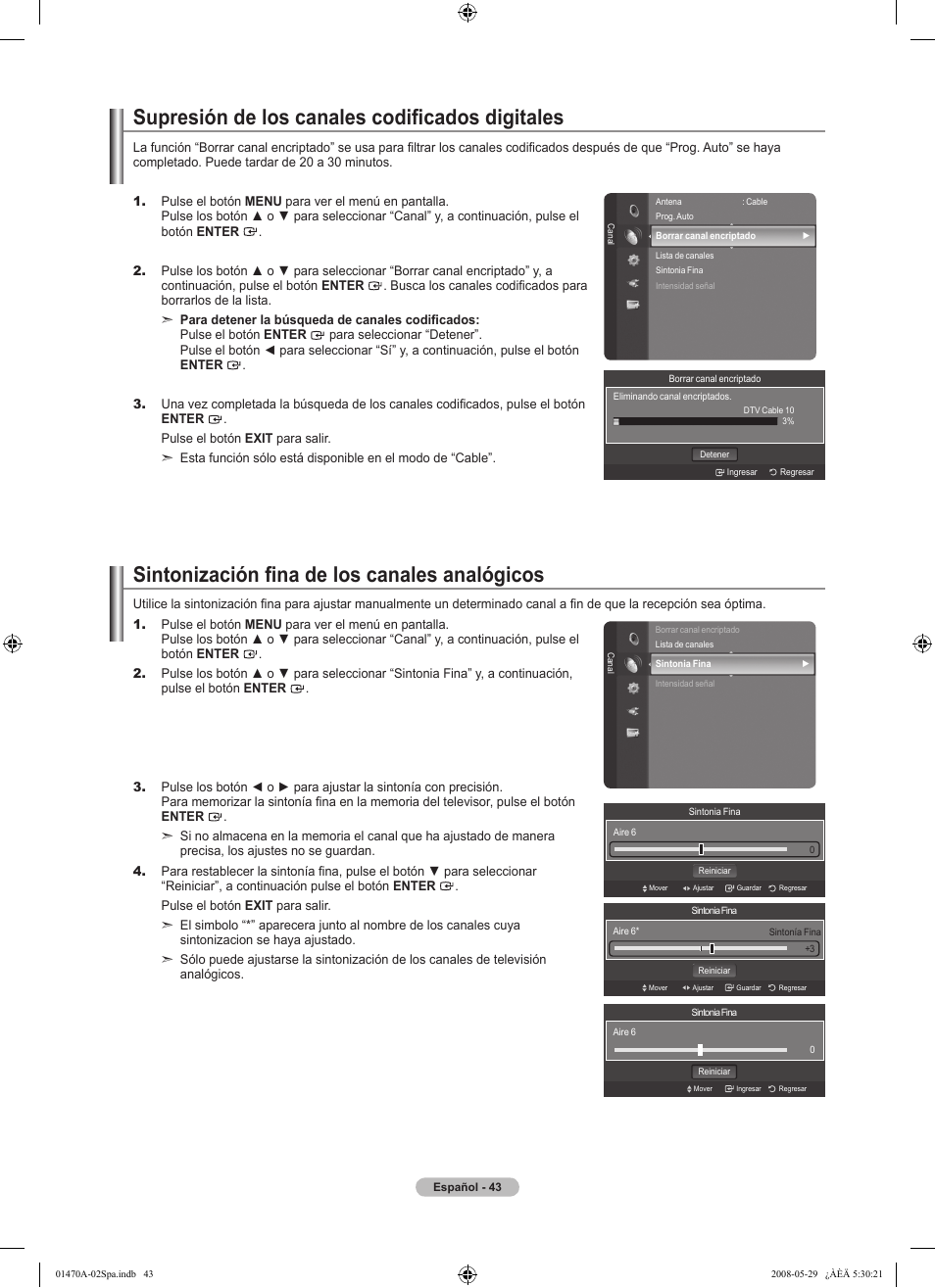 Supresión de los canales codificados digitales, Sintonización fina de los canales analógicos | Samsung LN46A750R1FXZA User Manual | Page 185 / 273