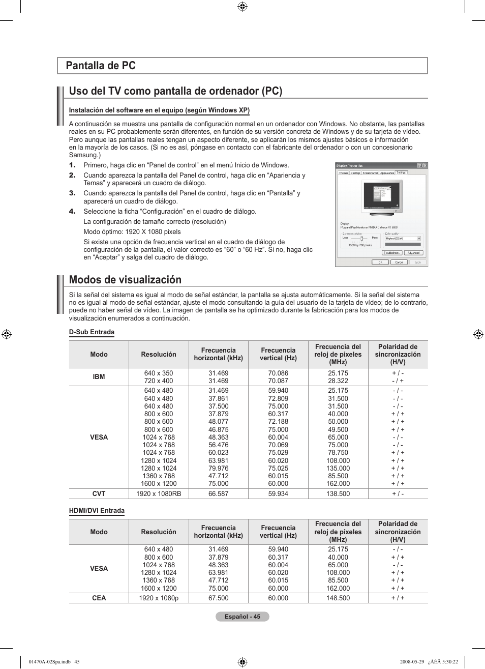 Uso del tv como pantalla de ordenador (pc), Pantalla de pc modos de visualización | Samsung LN46A750R1FXZA User Manual | Page 187 / 273