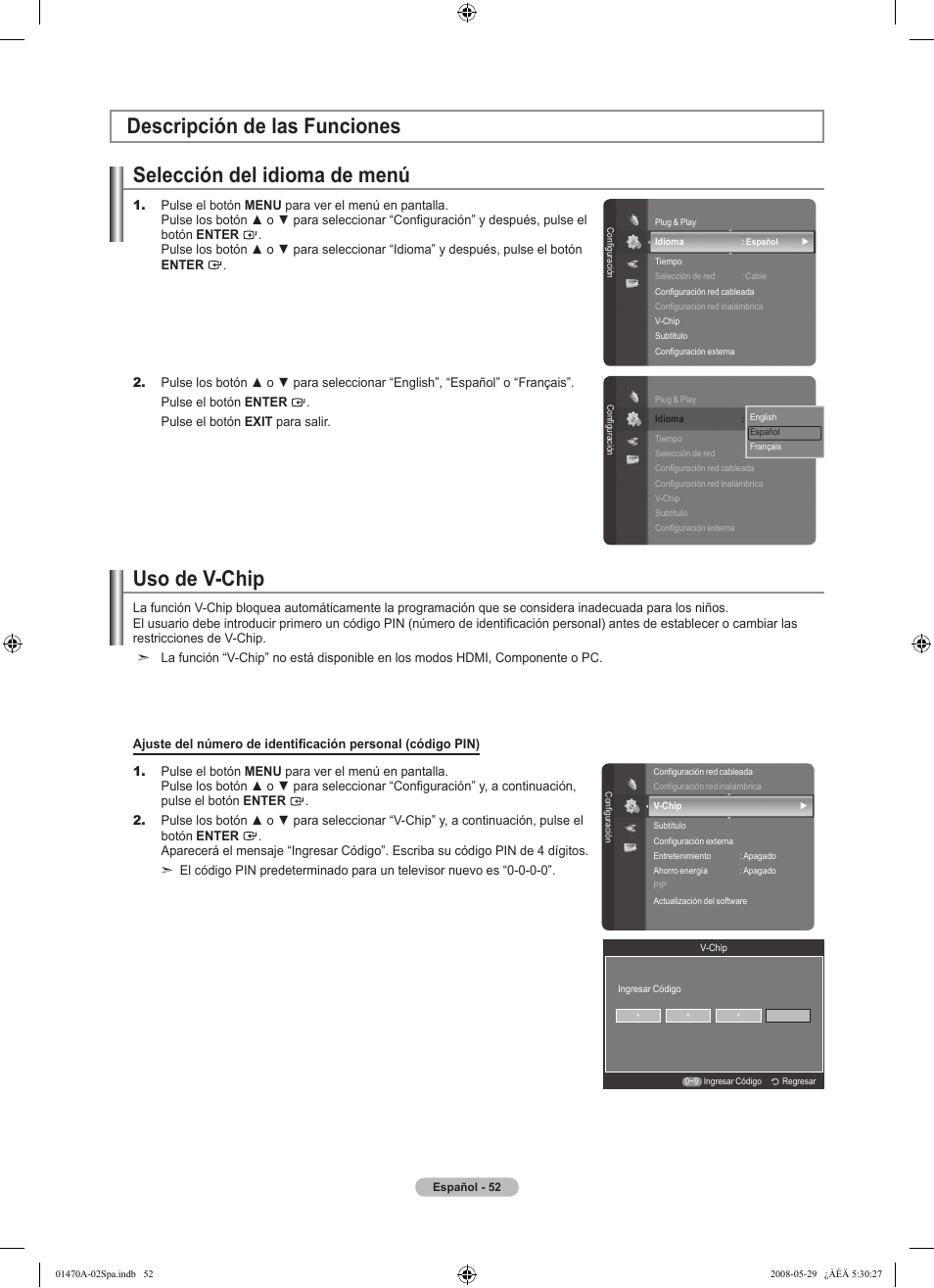 Selección del idioma de menú, Descripción de las funciones uso de v-chip | Samsung LN46A750R1FXZA User Manual | Page 194 / 273