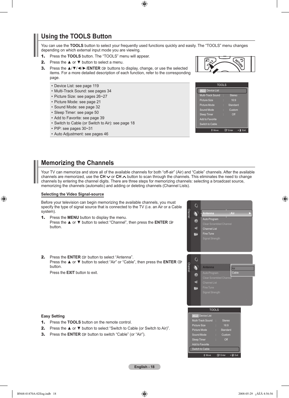 Using the tools button, Memorizing the channels | Samsung LN46A750R1FXZA User Manual | Page 20 / 273