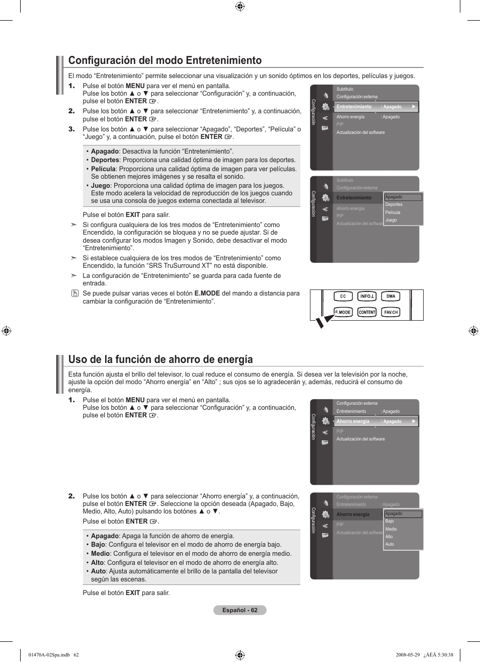 Uso de la función de ahorro de energía, Configuración del modo entretenimiento | Samsung LN46A750R1FXZA User Manual | Page 204 / 273