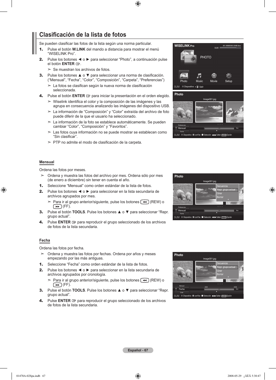 Clasificación de la lista de fotos | Samsung LN46A750R1FXZA User Manual | Page 209 / 273