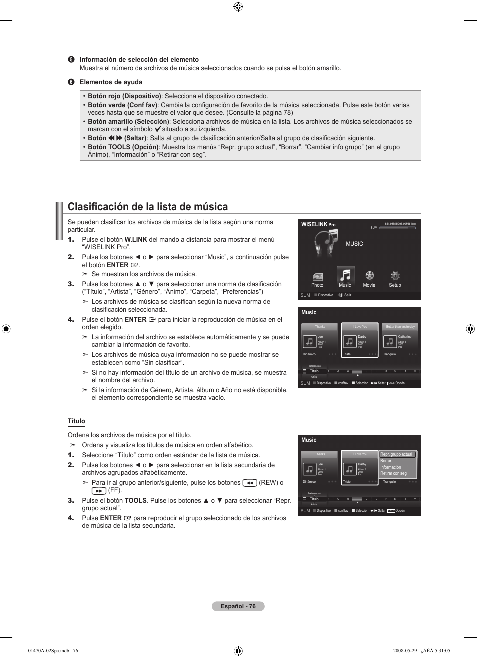 Clasificación de la lista de música | Samsung LN46A750R1FXZA User Manual | Page 218 / 273