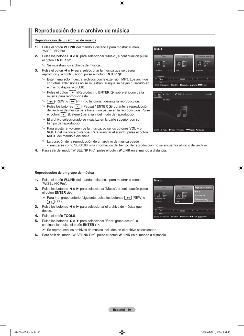 Reproducción de un archivo de música | Samsung LN46A750R1FXZA User Manual | Page 222 / 273
