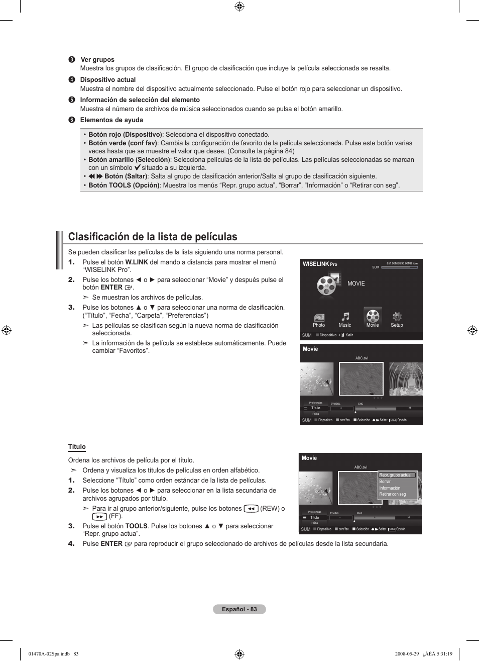 Clasificación de la lista de películas | Samsung LN46A750R1FXZA User Manual | Page 225 / 273