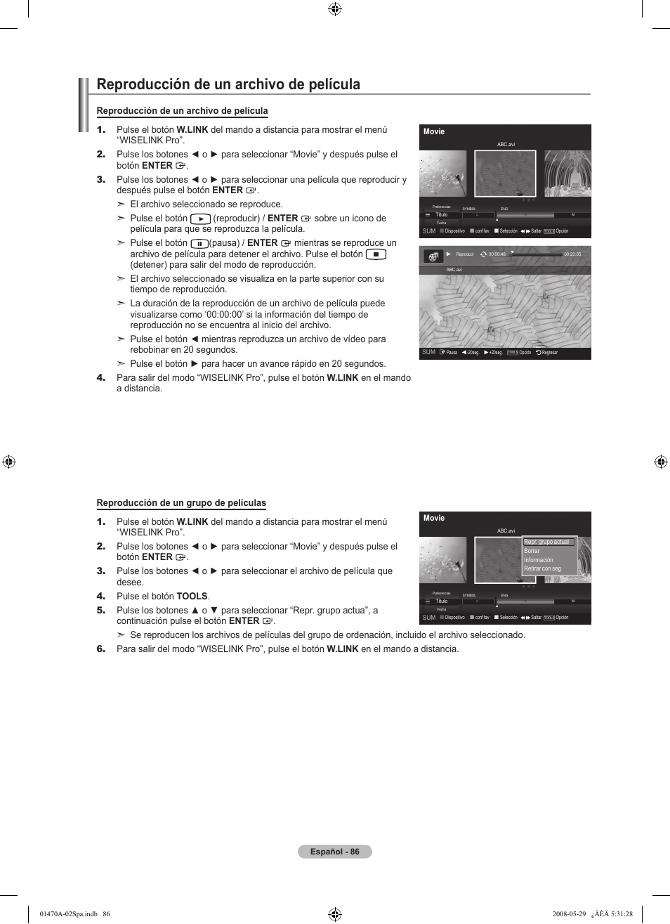 Reproducción de un archivo de película | Samsung LN46A750R1FXZA User Manual | Page 228 / 273