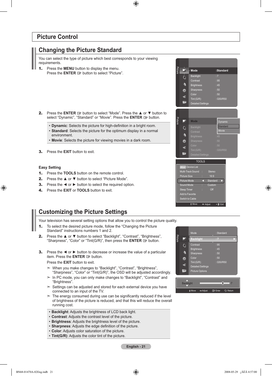 Picture control, Changing the picture standard, Customizing the picture settings | Picture control changing the picture standard | Samsung LN46A750R1FXZA User Manual | Page 23 / 273