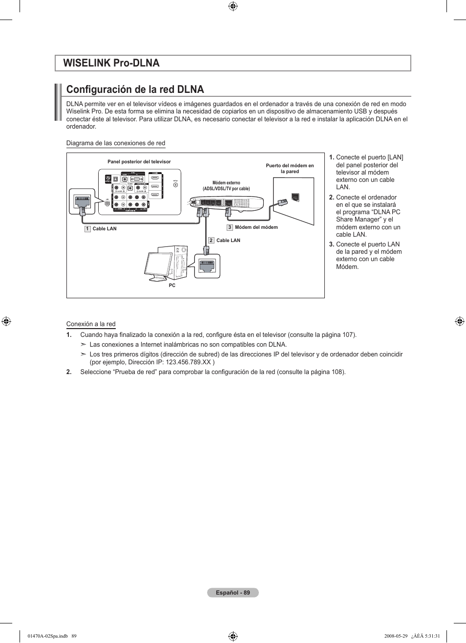 Configuración de la red dlna, Wiselink pro-dlna | Samsung LN46A750R1FXZA User Manual | Page 231 / 273