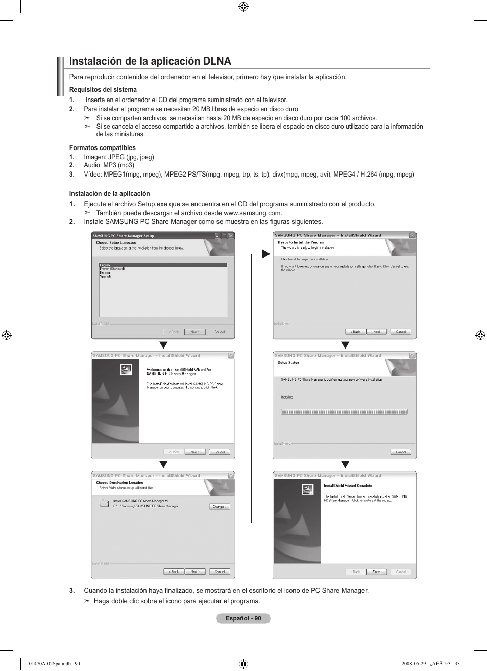 Instalación de la aplicación dlna | Samsung LN46A750R1FXZA User Manual | Page 232 / 273