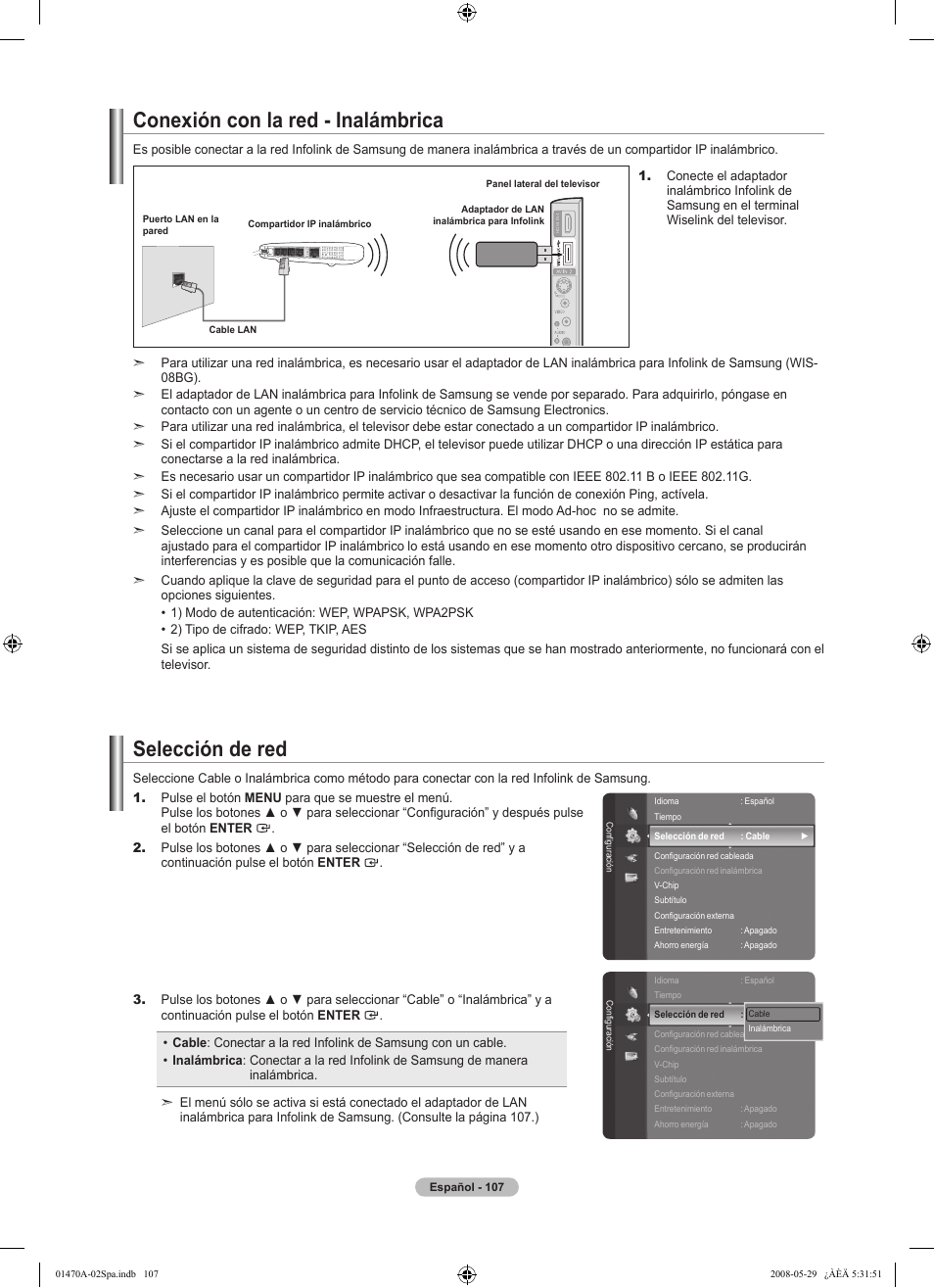 Conexión con la red - inalámbrica, Selección de red | Samsung LN46A750R1FXZA User Manual | Page 249 / 273