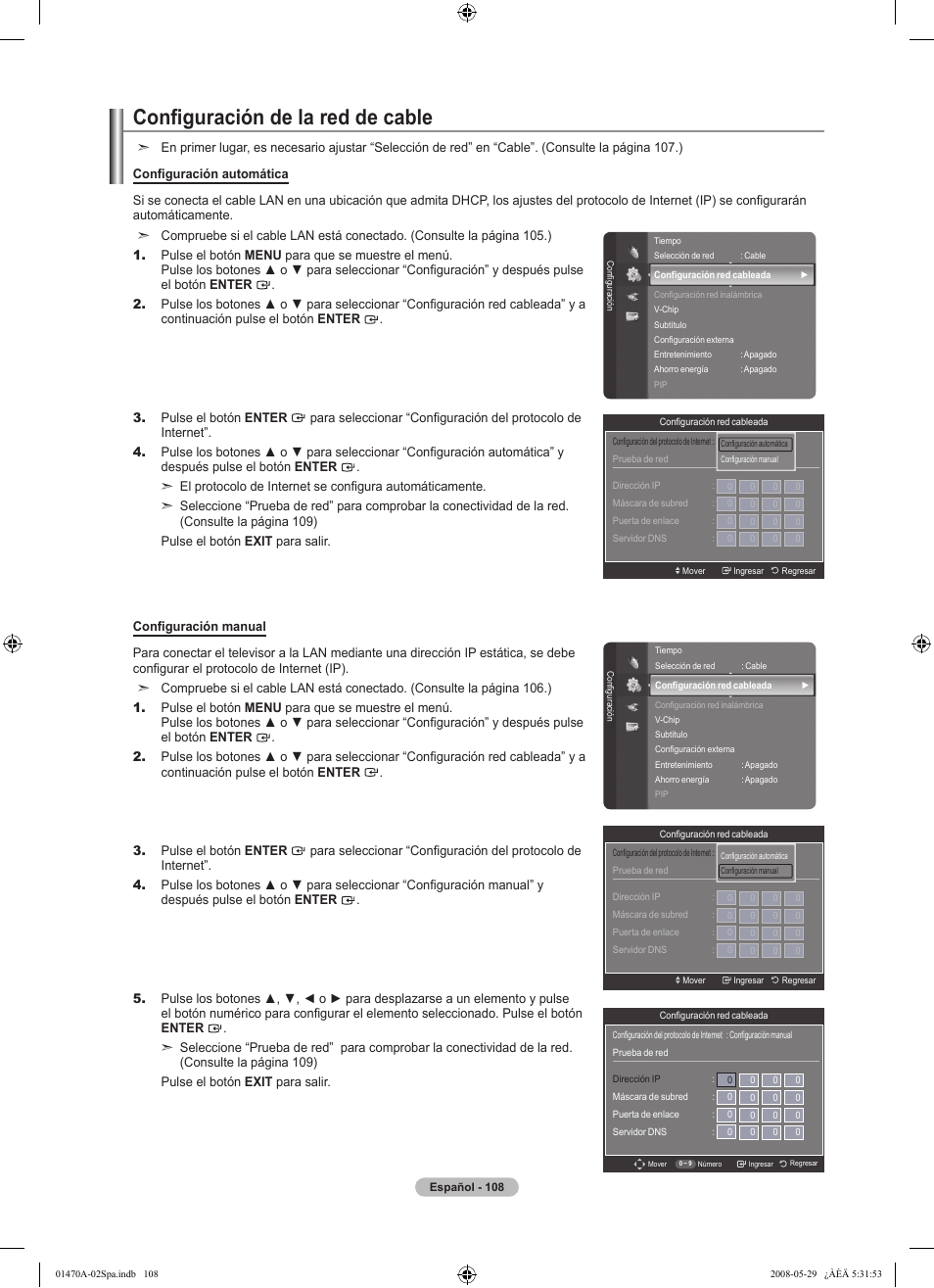 Configuración de la red de cable | Samsung LN46A750R1FXZA User Manual | Page 250 / 273