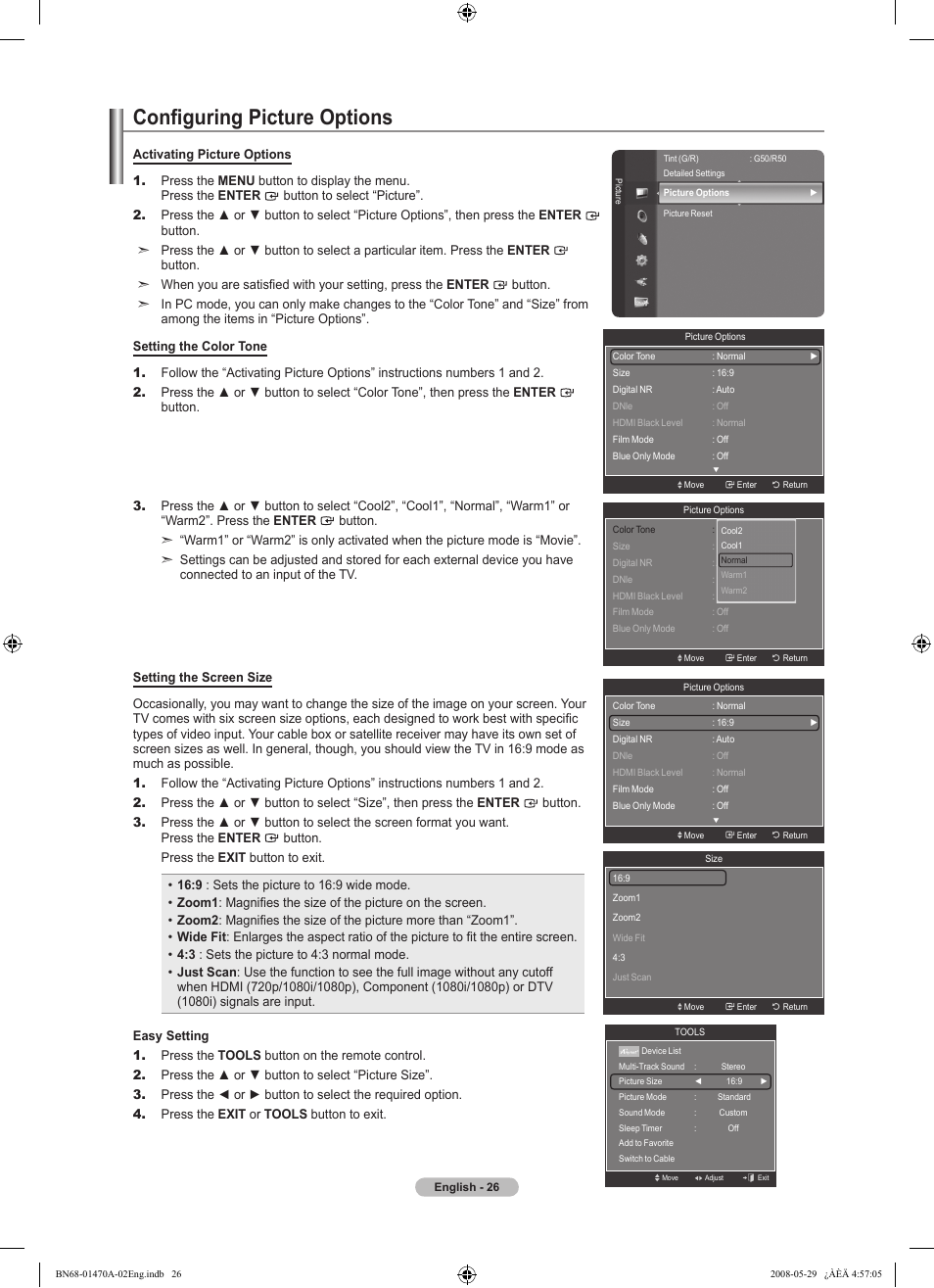 Configuring picture options | Samsung LN46A750R1FXZA User Manual | Page 28 / 273