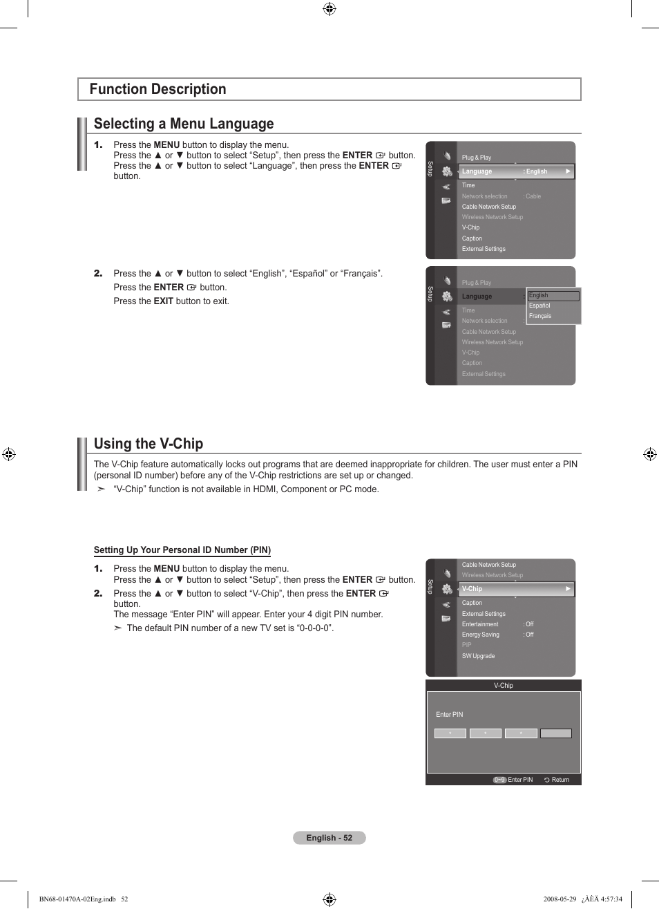 Function description, Selecting a menu language, Using the v-chip | Function description using the v-chip | Samsung LN46A750R1FXZA User Manual | Page 54 / 273