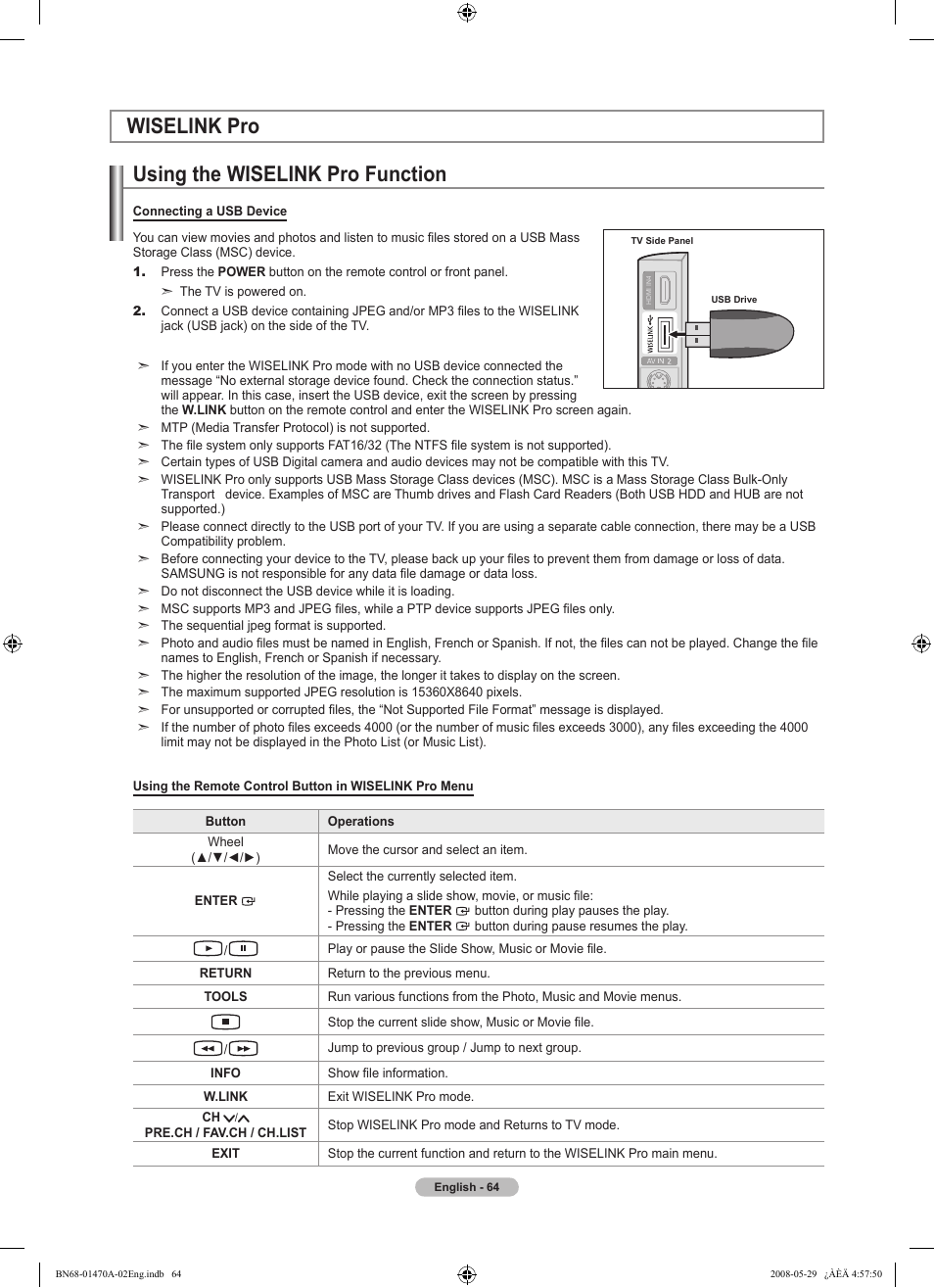 Wiselink pro, Using the wiselink pro function, Wiselink pro using the wiselink pro function | Samsung LN46A750R1FXZA User Manual | Page 66 / 273