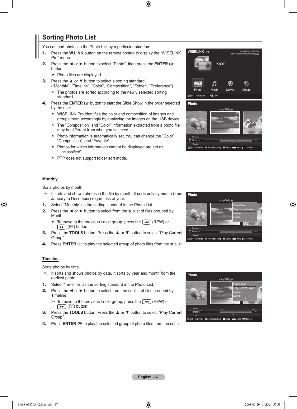 Sorting photo list | Samsung LN46A750R1FXZA User Manual | Page 69 / 273