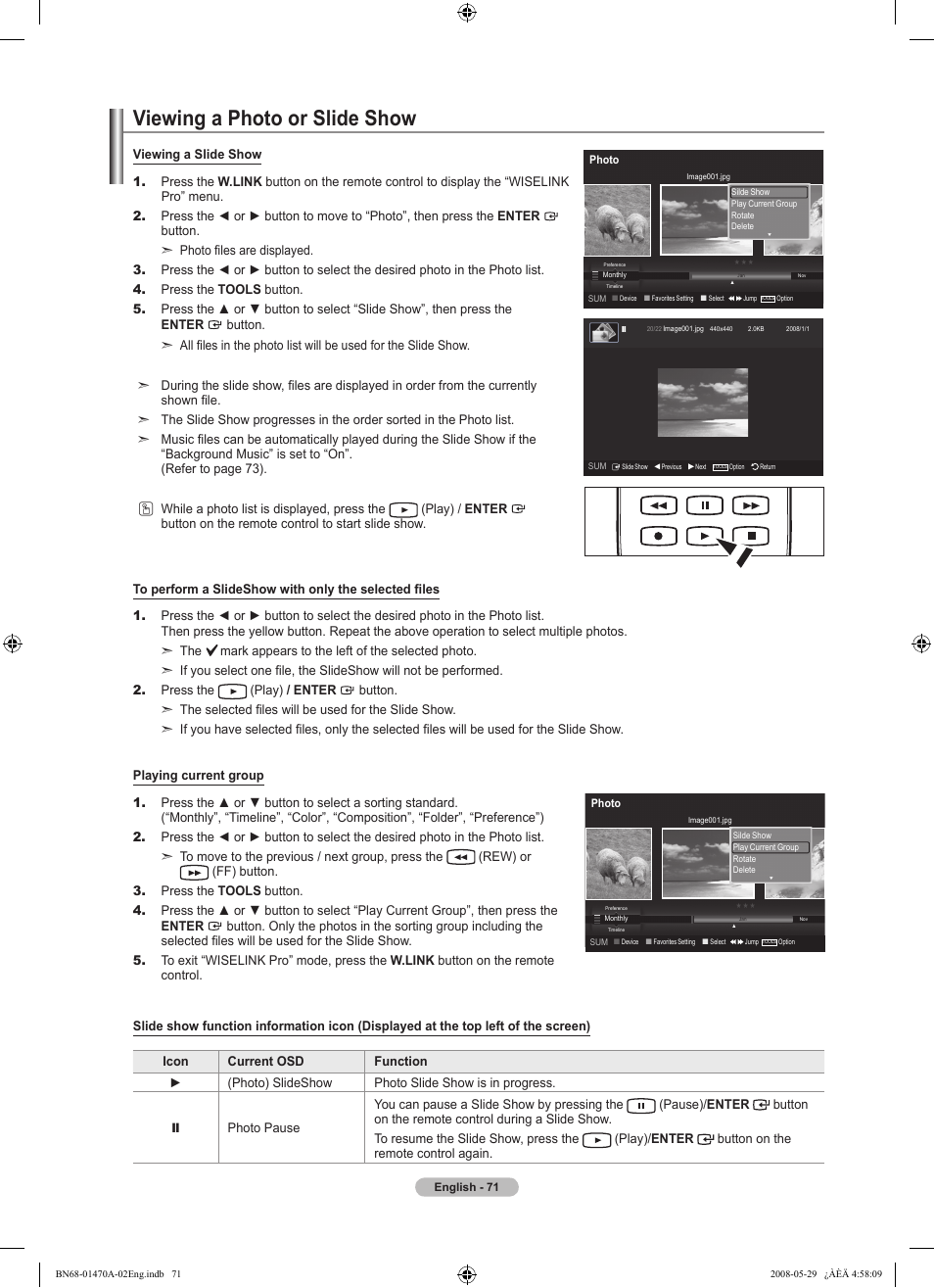 Viewing a photo or slide show | Samsung LN46A750R1FXZA User Manual | Page 73 / 273
