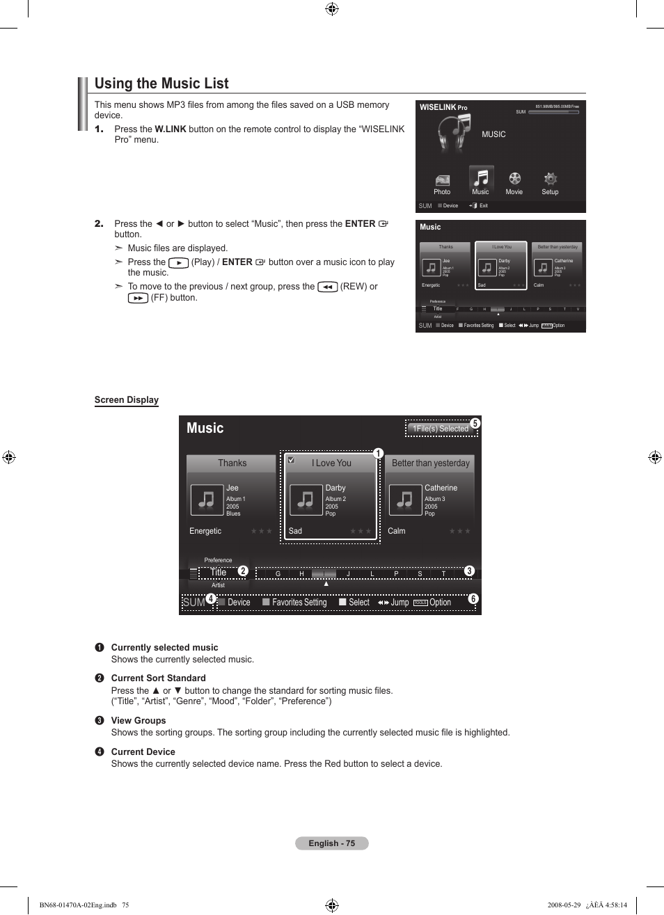 Using the music list, Music, Device  favorites setting  select jump | Option, Title, I love you, Better than yesterday | Samsung LN46A750R1FXZA User Manual | Page 77 / 273