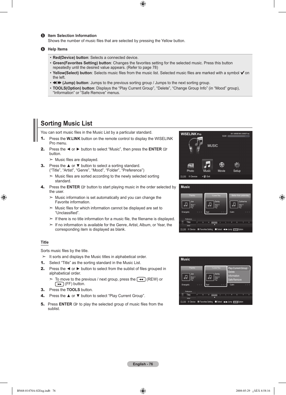 Sorting music list | Samsung LN46A750R1FXZA User Manual | Page 78 / 273